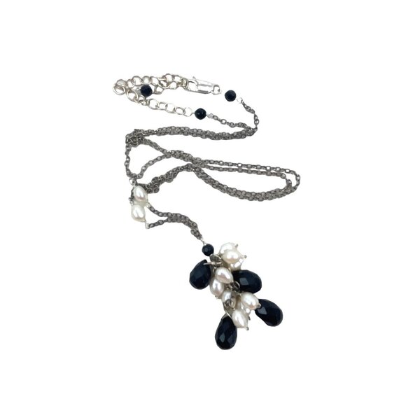 Elegant Black Agate and White Freshwater Pearl Teardrop Pendant Necklace With Ad - Picture 3 of 9